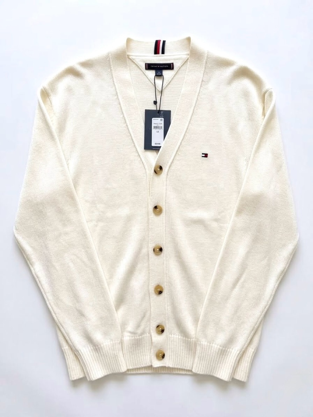 Tommy Hilfiger Cardigan Sweater Large Cream White V-Neck NWT Preppy Grandpacore